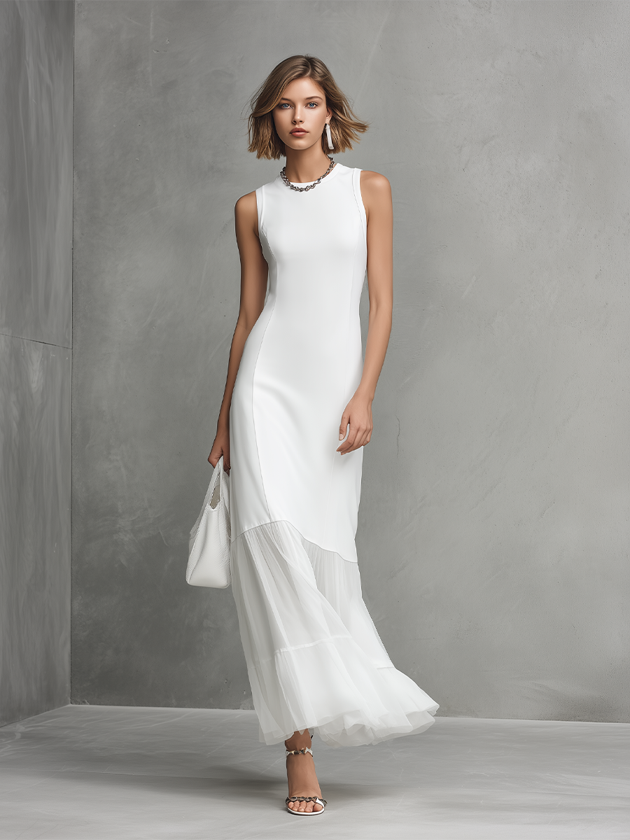 Vestido Blanco Sin Mangas Elegante para Mujeres con Detalles de Seda de Leche y Chifón