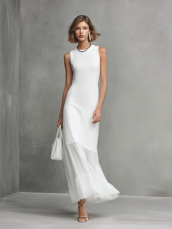 Vestido Blanco Sin Mangas Elegante para Mujeres con Detalles de Seda de Leche y Chifón