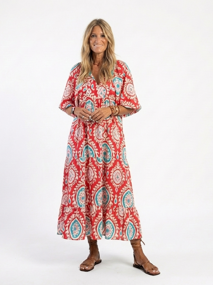 Zaria | Vestido midi de manga corta con escote en V y diseño de paisley