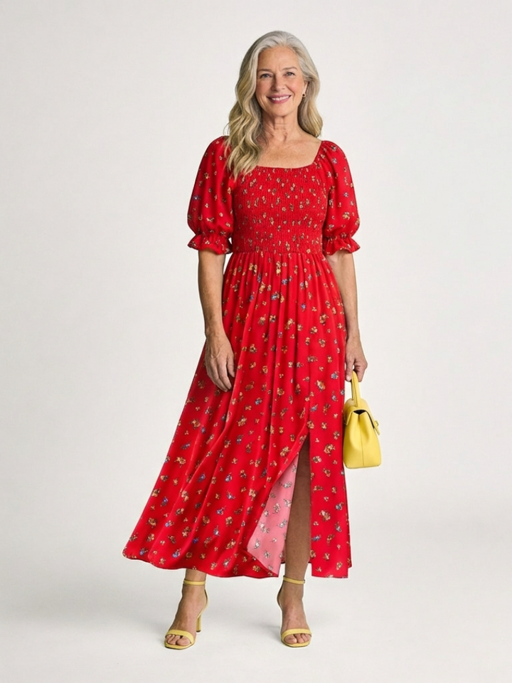Delphine | Vestido Midi Floral con Escote Cuadrado