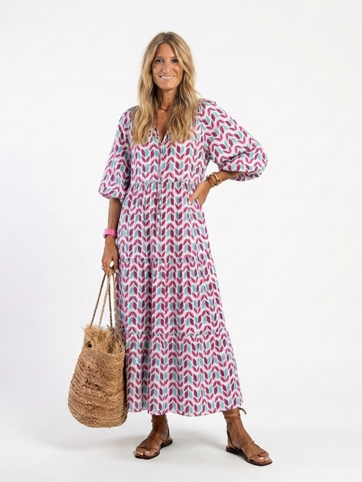 Mireya | Vestido Midi de Manga Larga con Diseño Geométrico