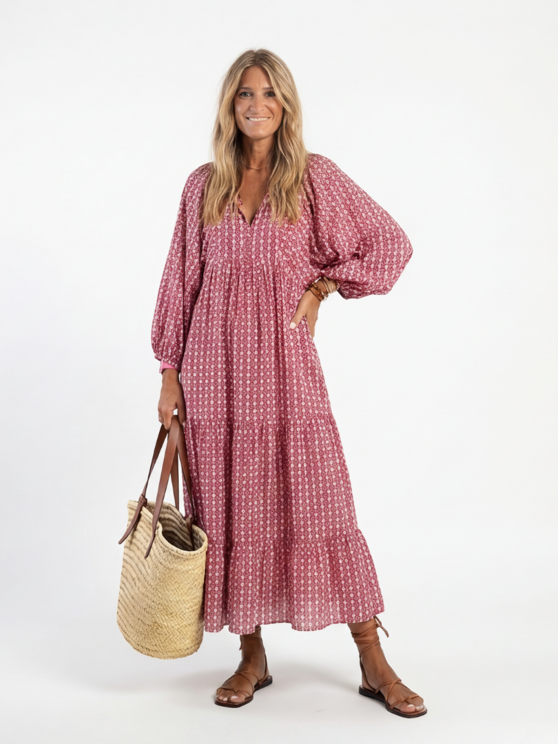 Arlette | Vestido Midi de Mangas Largas con Estampado Geométrico