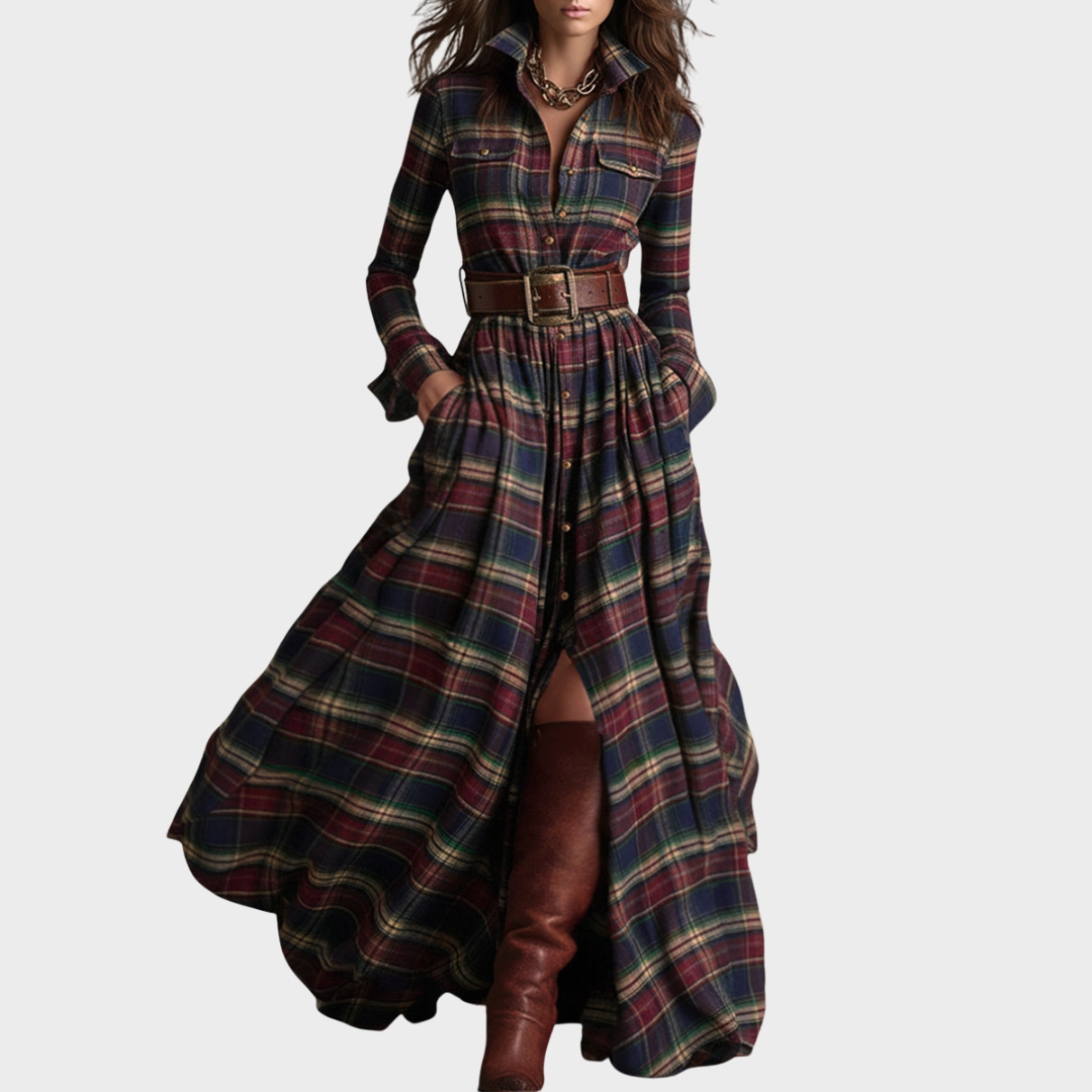 Vestido maxi étnico retro – diseño de cuadros marrones con cuello clásico