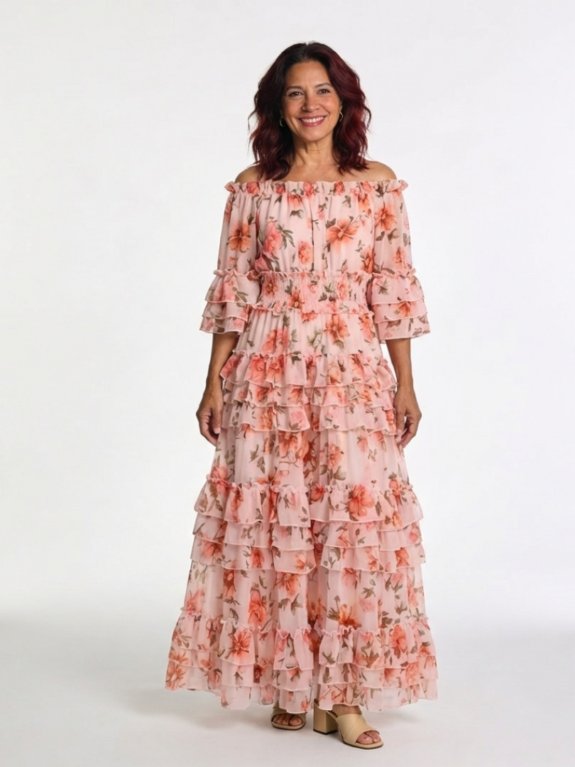 Rosalie | Maxivestido con volantes florales y diseño sin hombros
