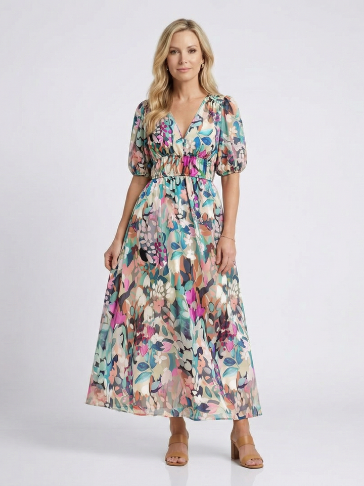Eulalie | Vestido midi de manga corta con escote en V y cintura ajustada