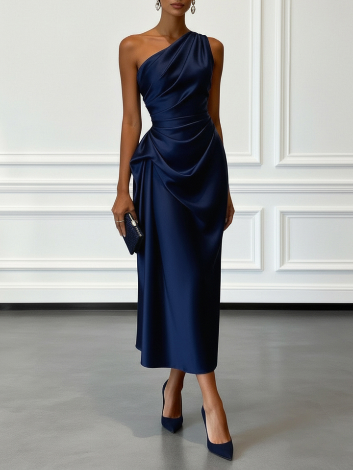 Caille - Vestido midi sin mangas de satén rizado color champán