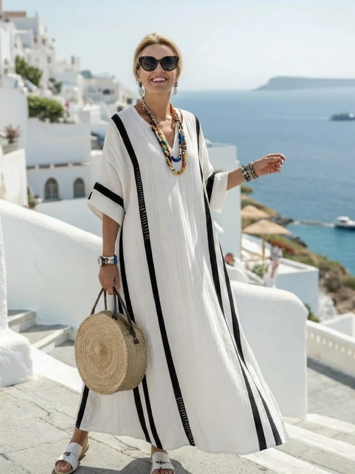 Elvienne | Vestido Maxi de Manga Corta con Diseño de Bloques de Color y Rayas
