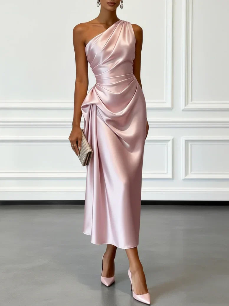 Caille - Vestido midi sin mangas de satén rizado color champán