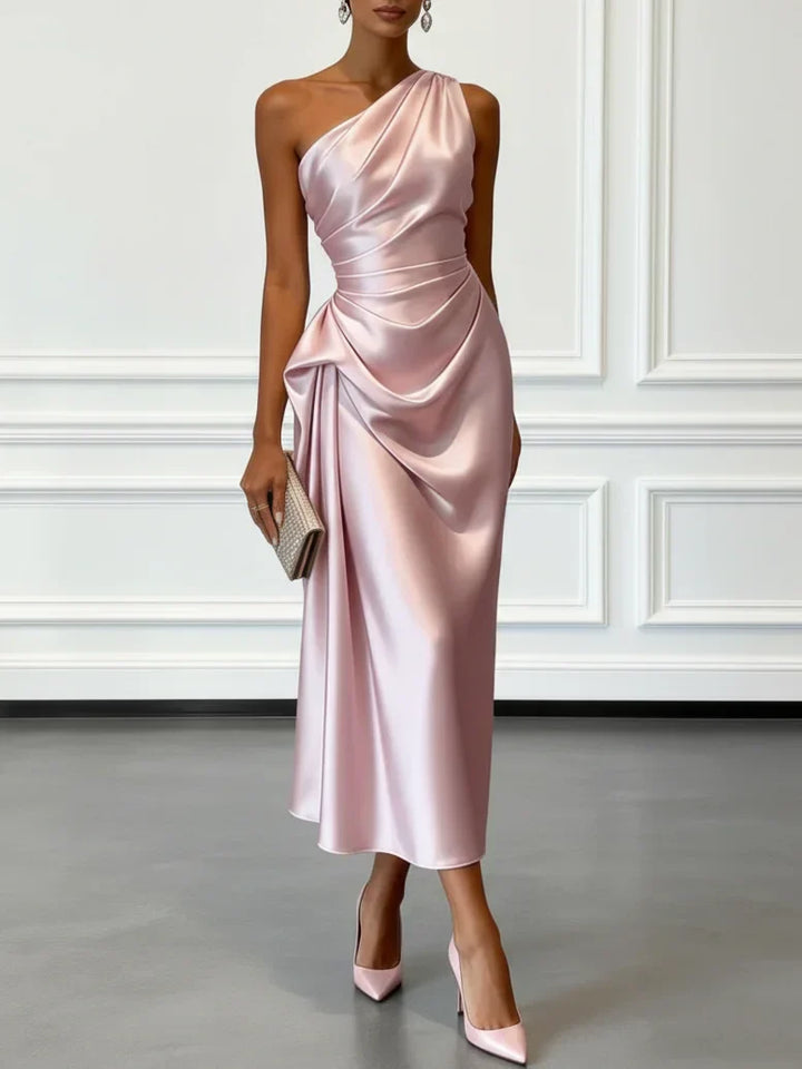 Caille - Vestido midi sin mangas de satén rizado color champán