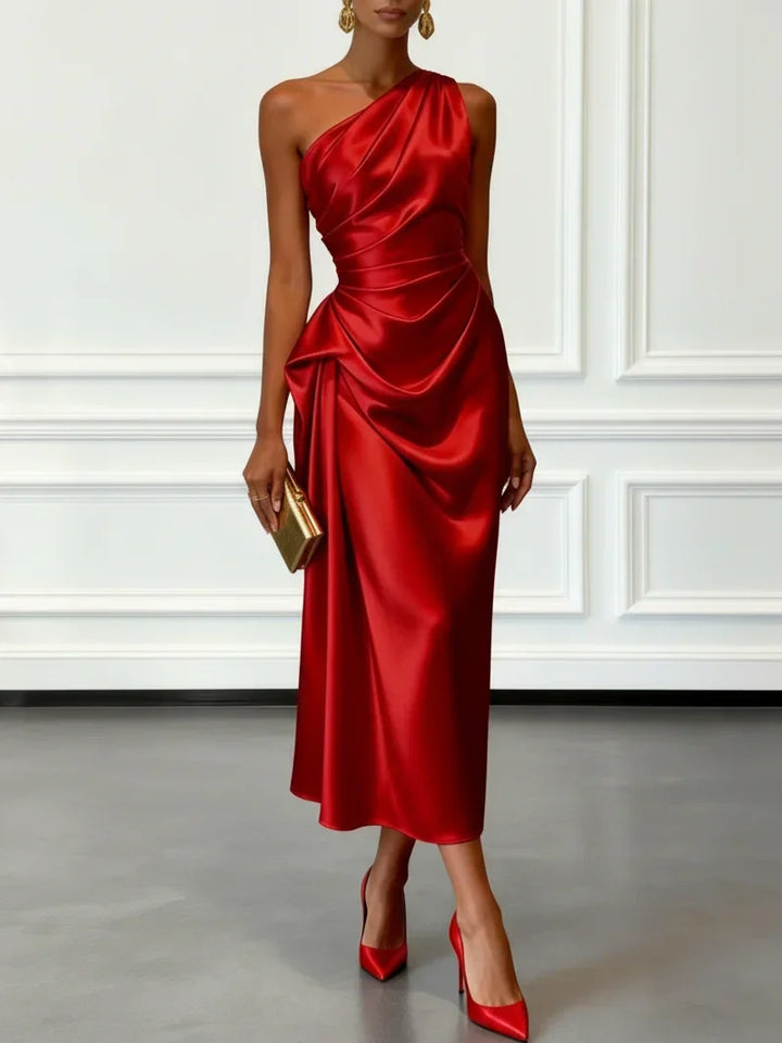 Caille - Vestido midi sin mangas de satén rizado color champán