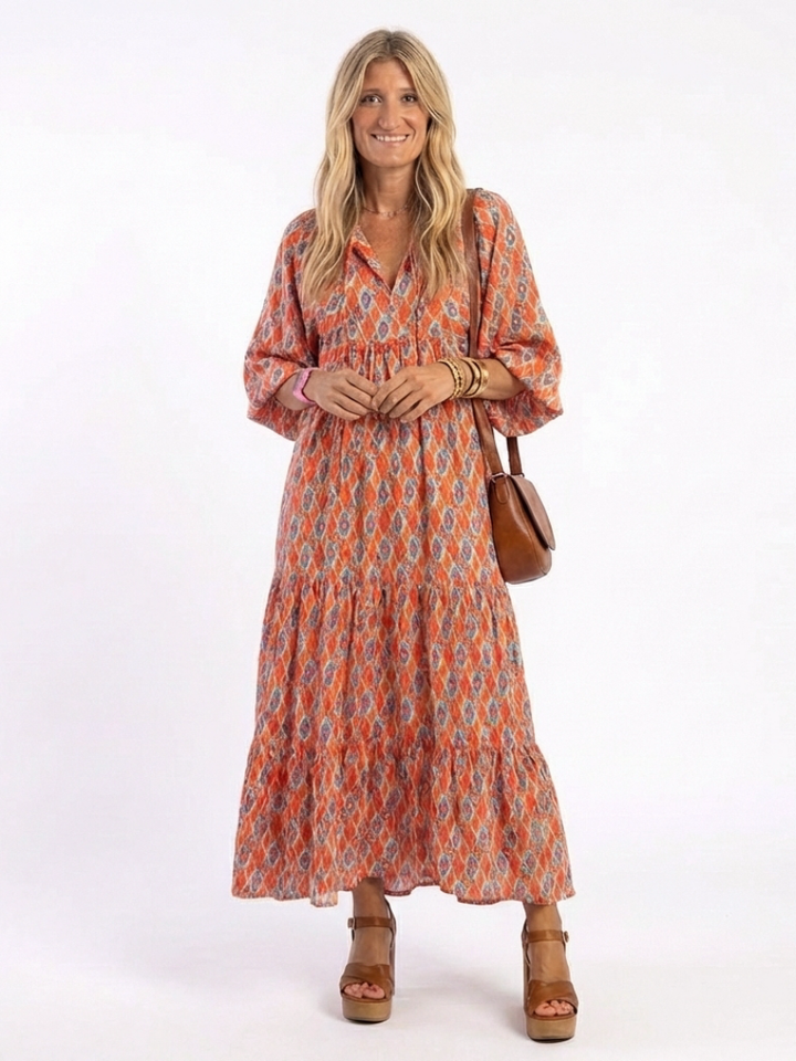 Amara | Vestido Midi con Capa y Estampado Geométrico de Escote en V