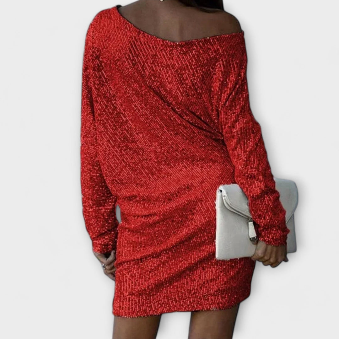 Vestido de fiesta con lentejuelas y contraste