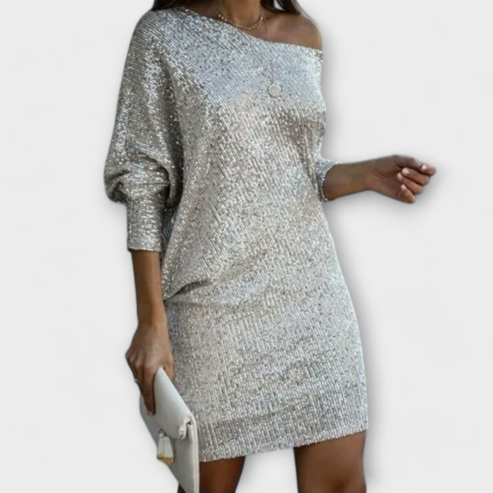 Vestido de fiesta con lentejuelas y contraste