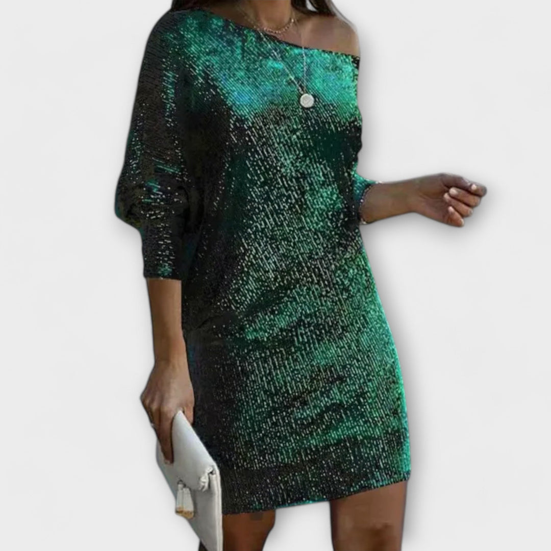 Vestido de fiesta con lentejuelas y contraste