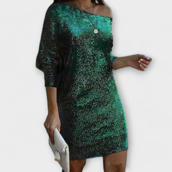 Vestido de fiesta con lentejuelas y contraste