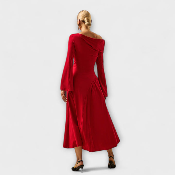 Willa - vestido midi con hombros descubiertos y mangas globo fruncidas