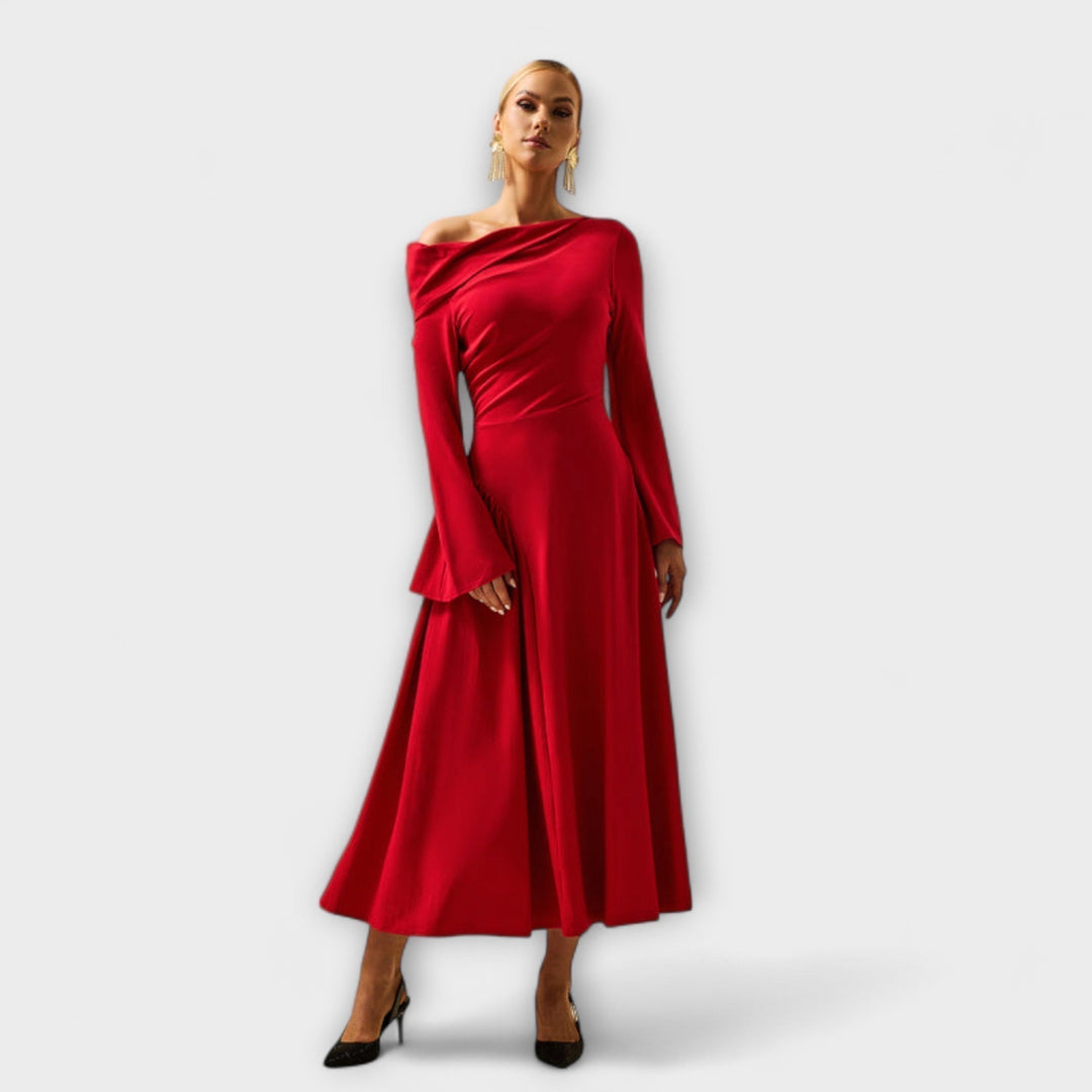 Willa - vestido midi con hombros descubiertos y mangas globo fruncidas