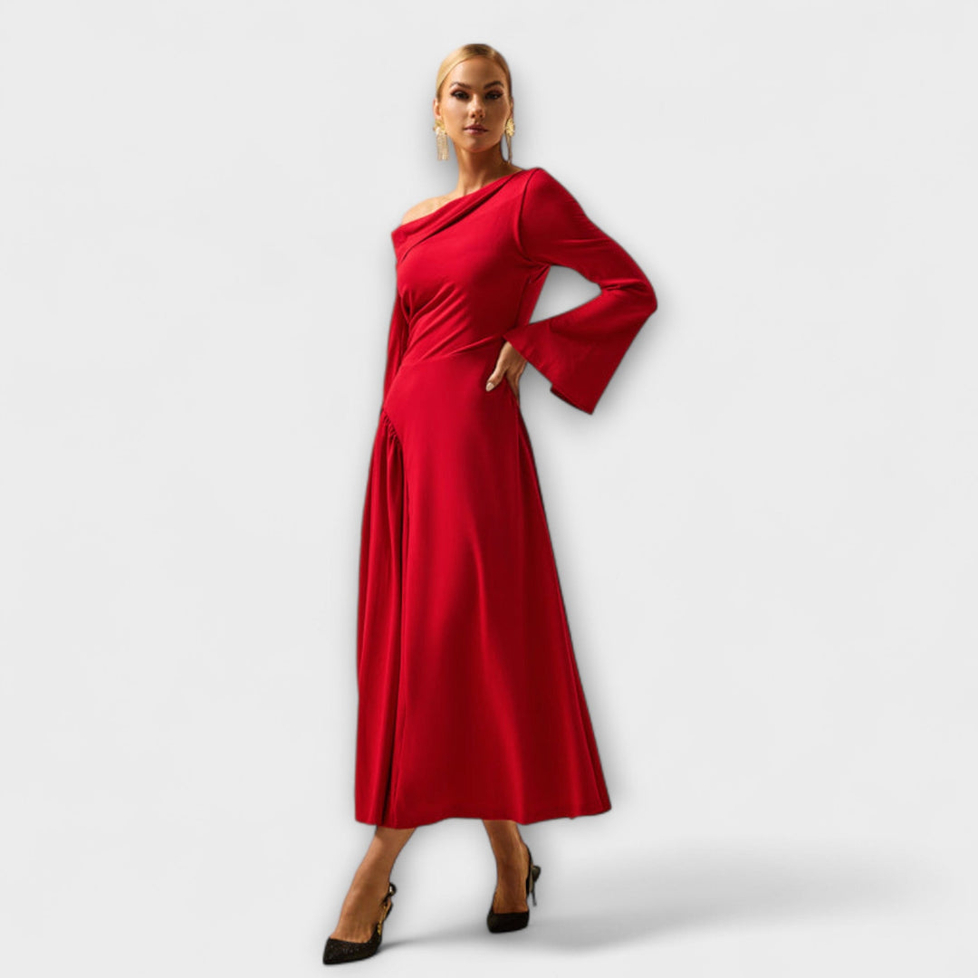 Willa - vestido midi con hombros descubiertos y mangas globo fruncidas