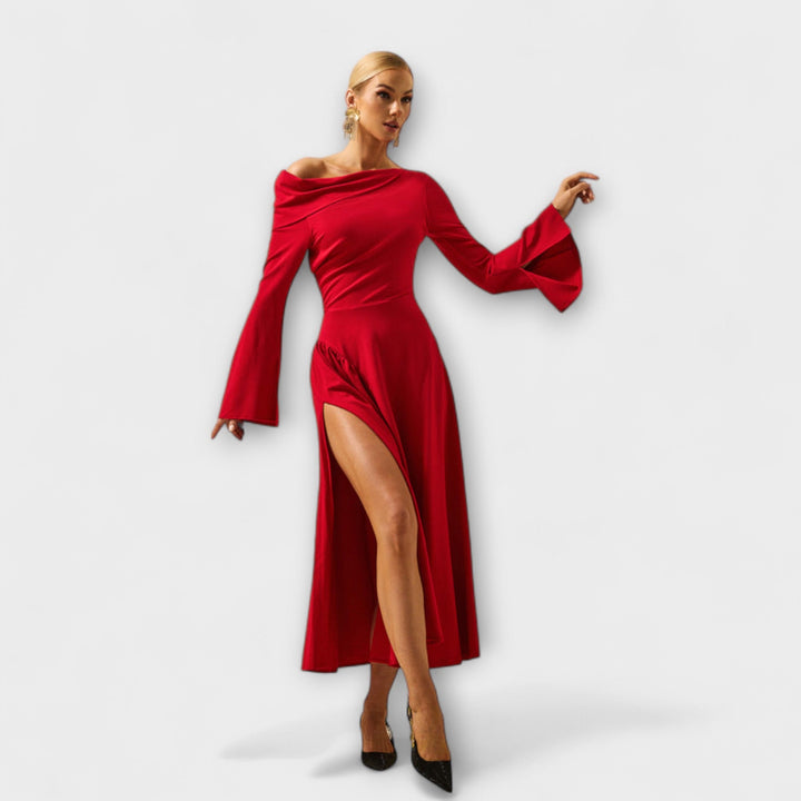 Willa - vestido midi con hombros descubiertos y mangas globo fruncidas