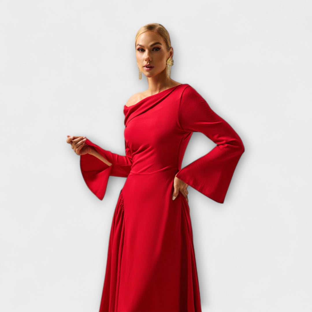 Willa - vestido midi con hombros descubiertos y mangas globo fruncidas