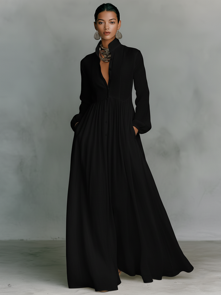 Maxi Vestido de Lino con Cuello Alto
