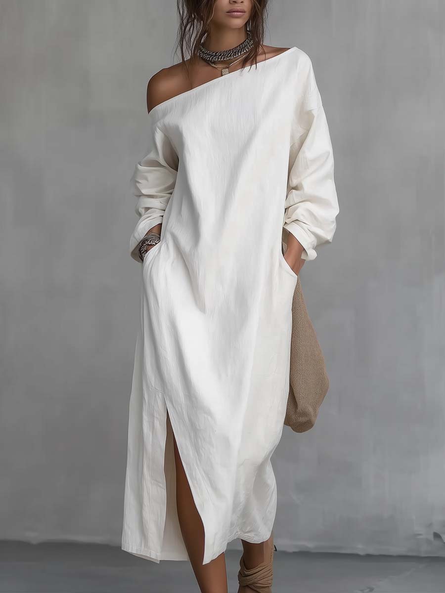 Vestido midi holgado de un solo hombro con abertura