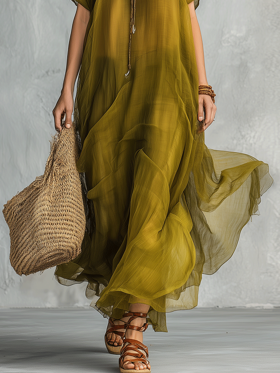 Vestido maxi bohemio verde oliva con silueta drapeada