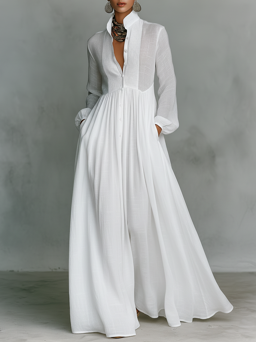 Maxi Vestido de Lino con Cuello Alto