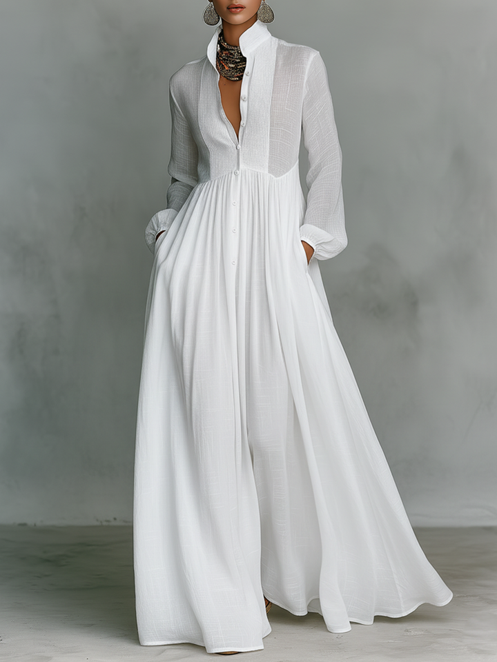 Maxi Vestido de Lino con Cuello Alto