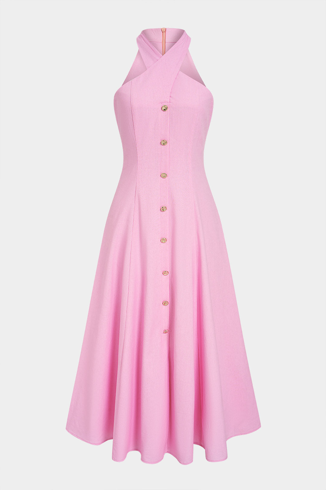 Vestido Maxi Metálico Sin Mangas con Escote Halter y Cierre de Lazo