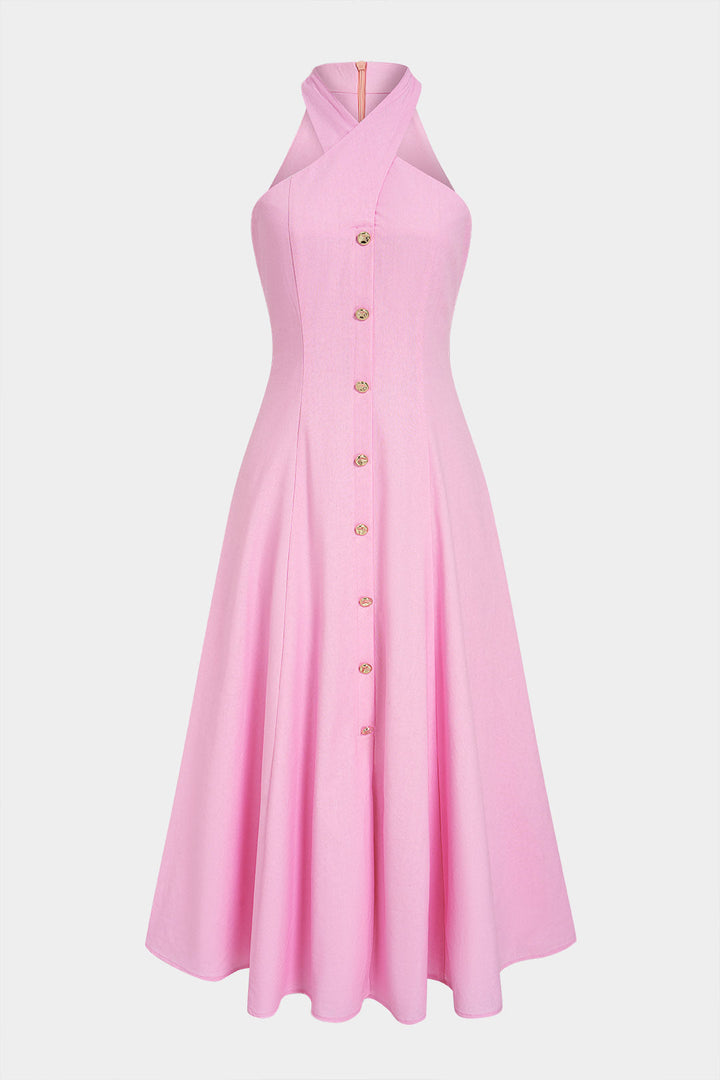 Vestido Maxi Metálico Sin Mangas con Escote Halter y Cierre de Lazo