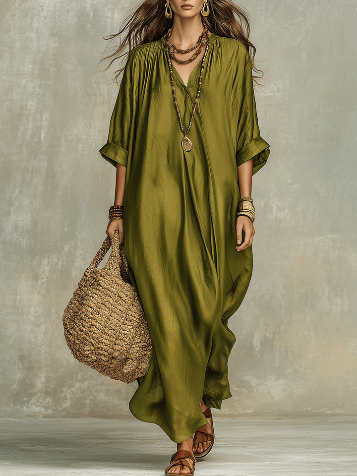 Vestido maxi bohemio verde oliva holgado