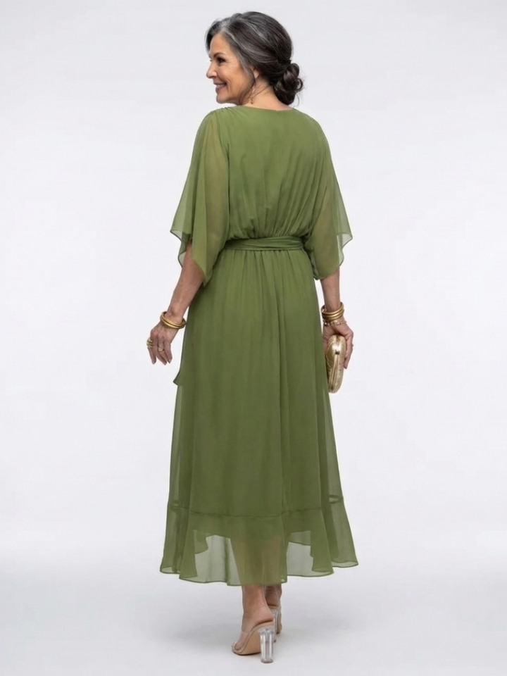 Elysia | Vestido Midi con Cintura Ajustada y Escote en V