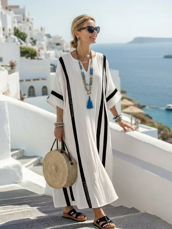 Elvienne | Vestido Maxi de Manga Corta con Diseño de Bloques de Color y Rayas