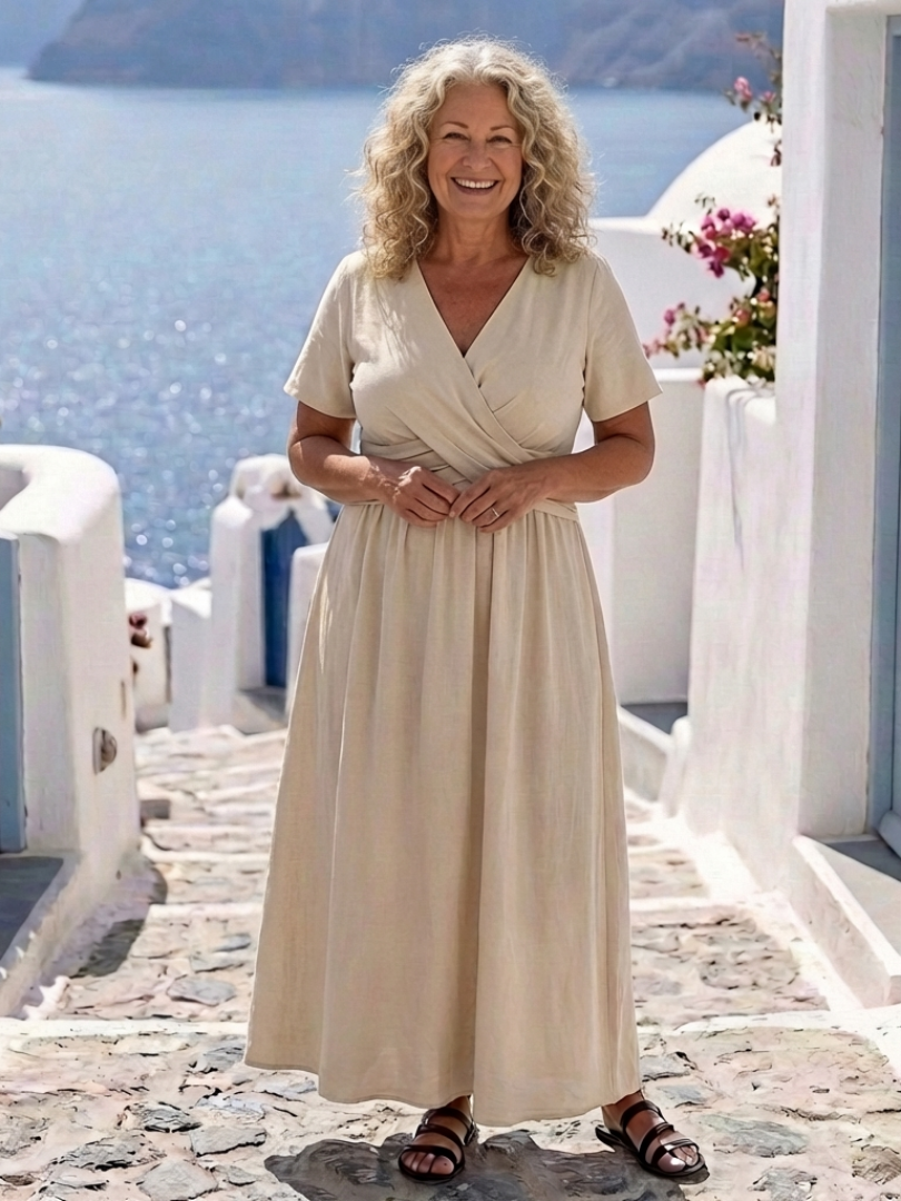 Alvara | Vestido Midi Cruzado de Manga Corta con Escote en V