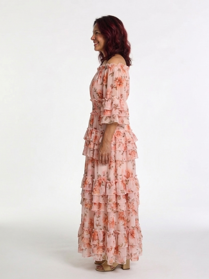 Rosalie | Maxivestido con volantes florales y diseño sin hombros