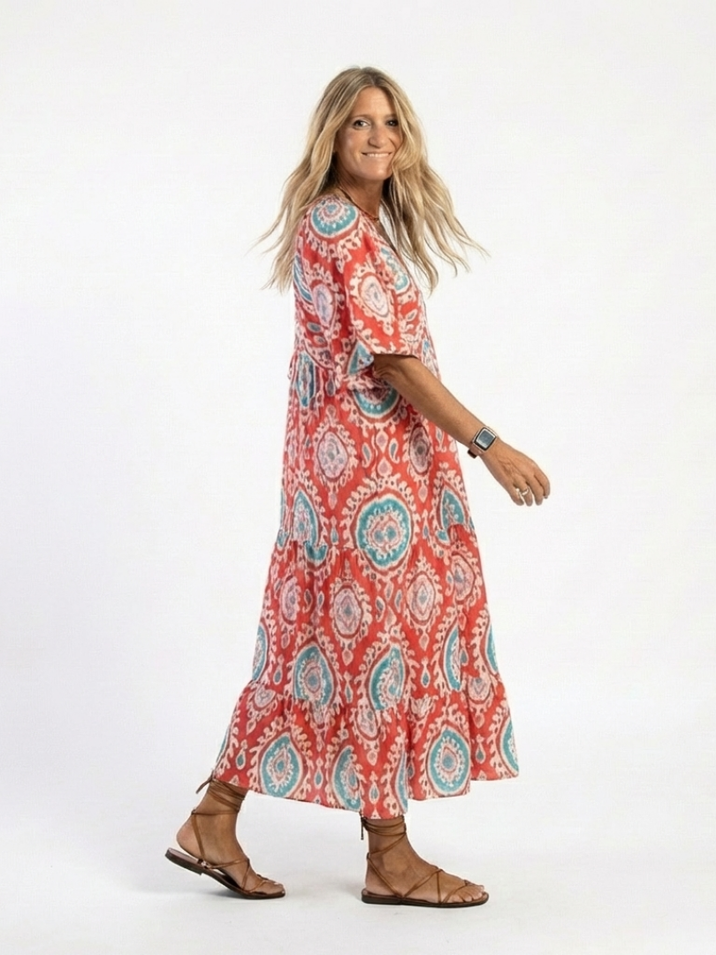 Zaria | Vestido midi de manga corta con escote en V y diseño de paisley