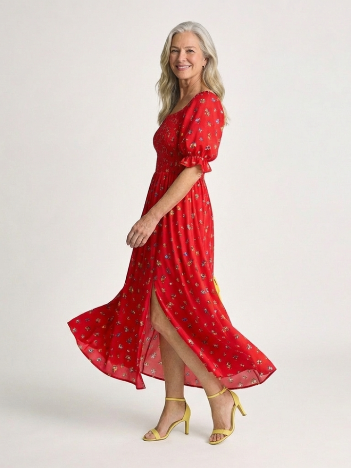 Delphine | Vestido Midi Floral con Escote Cuadrado