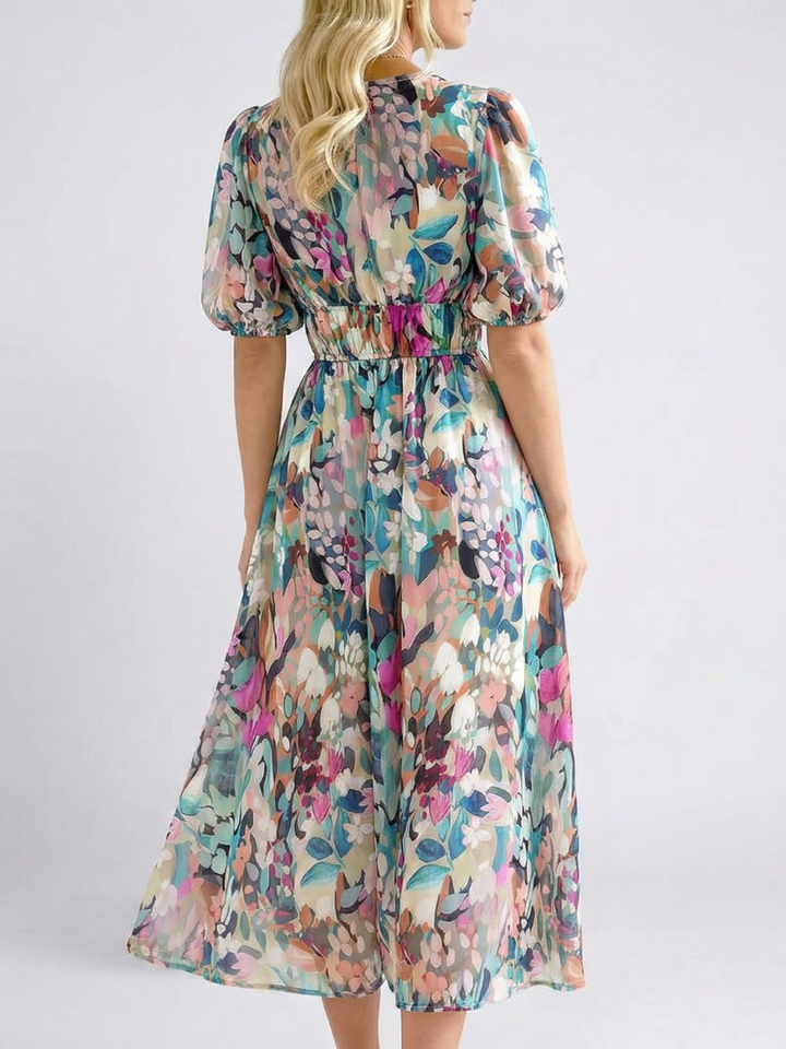 Eulalie | Vestido midi de manga corta con escote en V y cintura ajustada