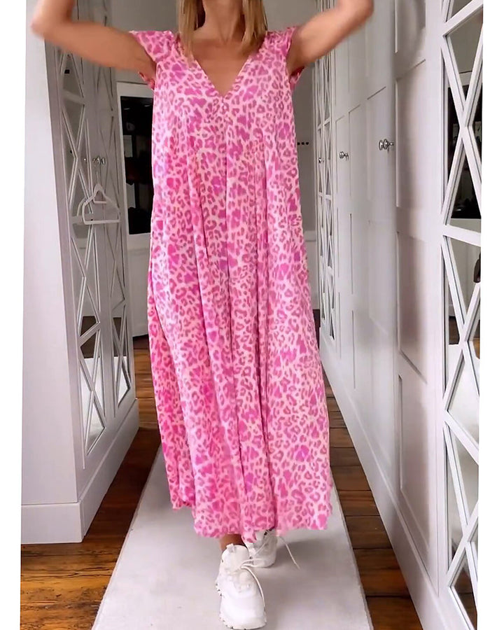 Vestido Largo Estampado con Escote en V y Manga Corta