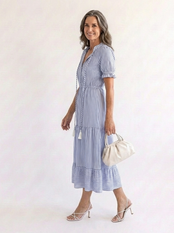 Dakota | Vestido midi a rayas con volantes y manga corta