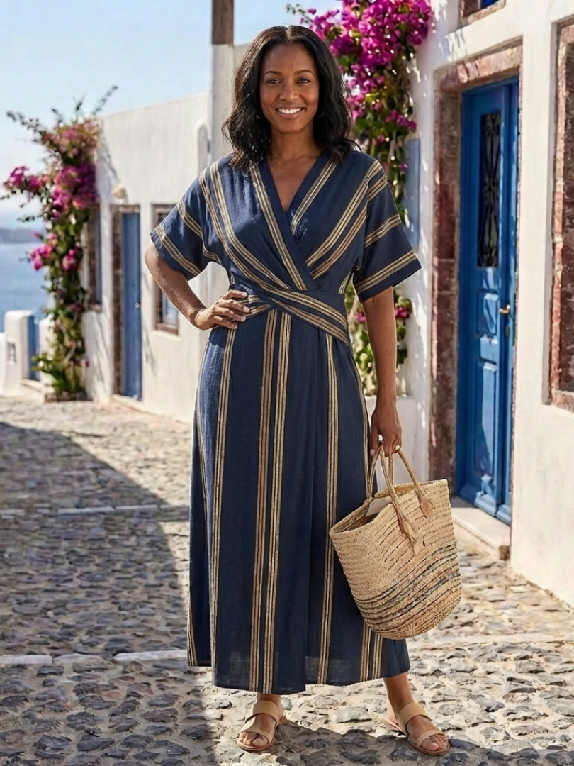 Saphira | Vestido midi de rayas con cuello de pico y manga corta