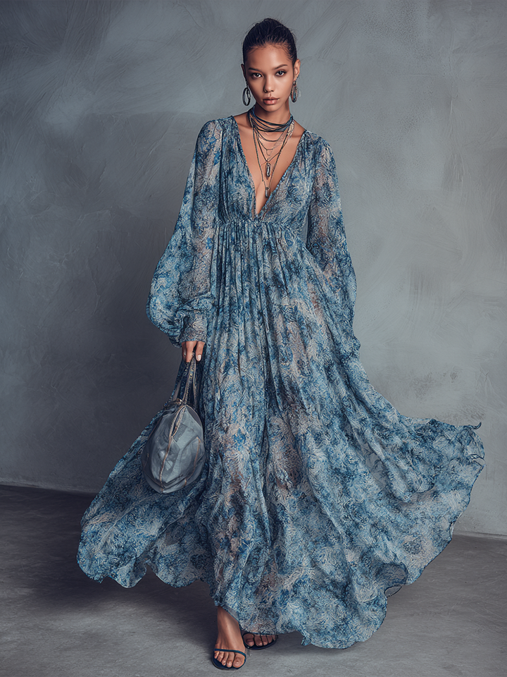 Grace - Vestido maxi de gasa bohemio con estampado floral azul