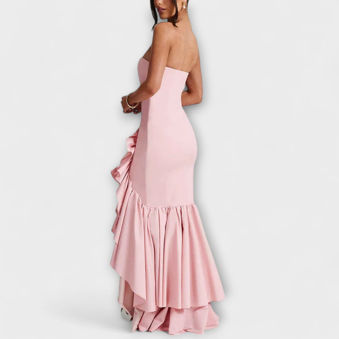 Zuri - Vestido maxi con hombros descubiertos y dobladillo asimétrico