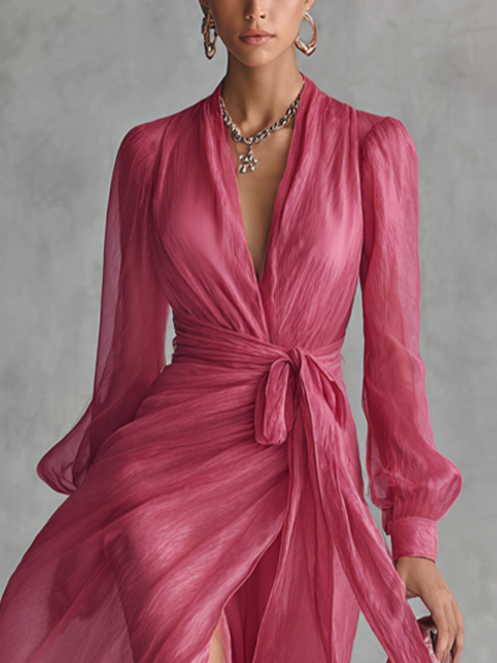 Vestido de chifón rosa con escote en V
