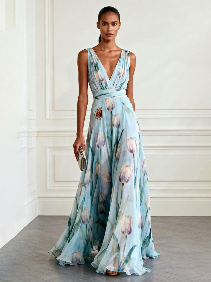 Nerea - Elegante Vestido Maxi con Cuello en V y Estampado de Tulipanes