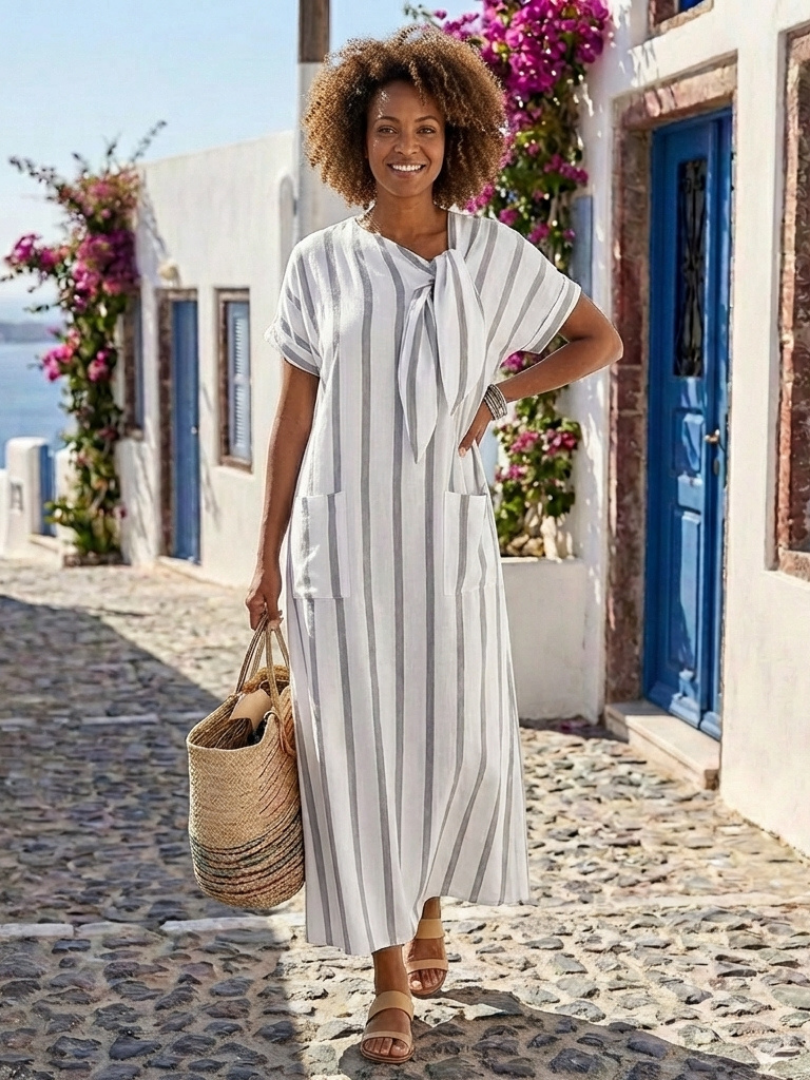 Elaris | Vestido midi de rayas con cuello lazo y bolsillo de manga corta