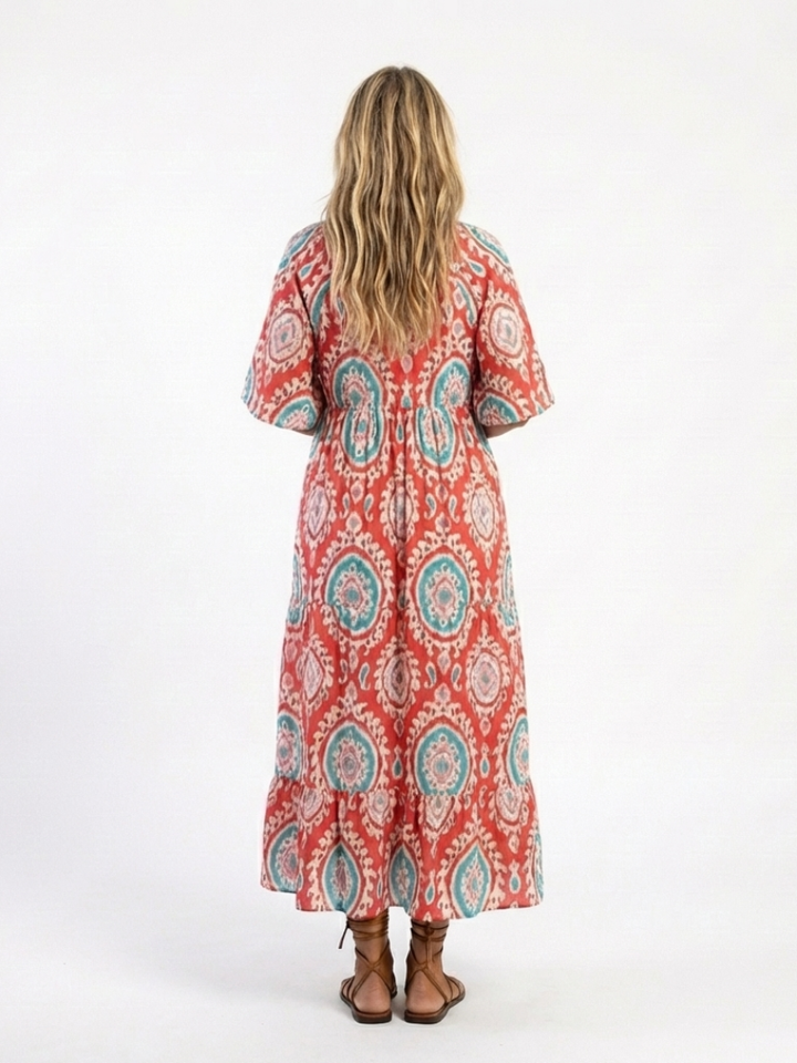 Zaria | Vestido midi de manga corta con escote en V y diseño de paisley
