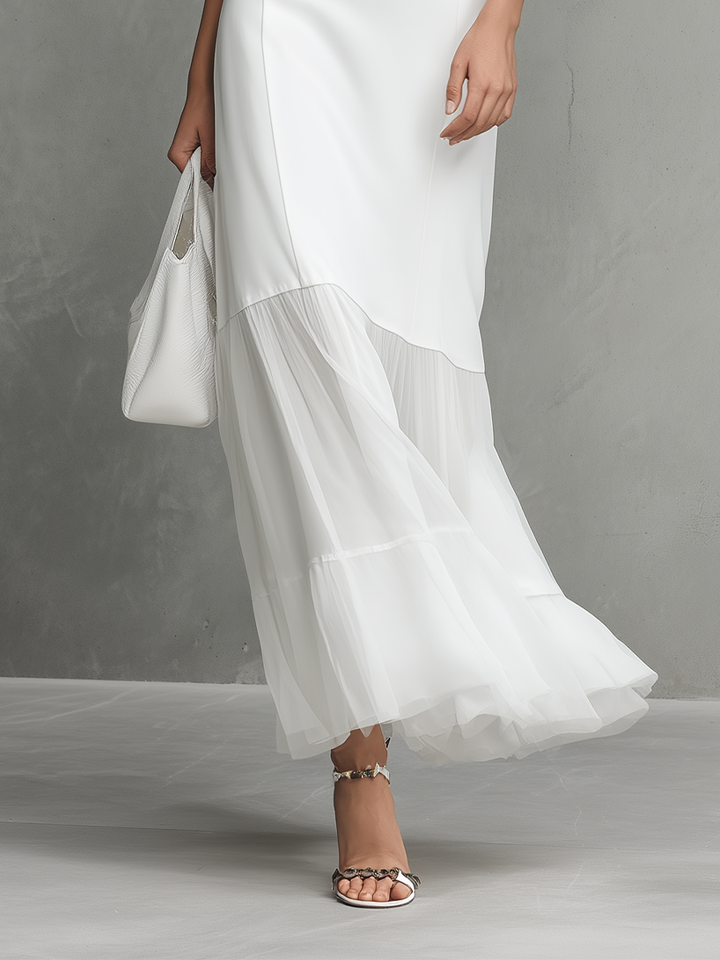 Vestido Blanco Sin Mangas Elegante para Mujeres con Detalles de Seda de Leche y Chifón