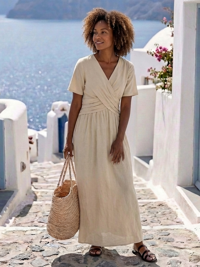 Alvara | Vestido Midi Cruzado de Manga Corta con Escote en V